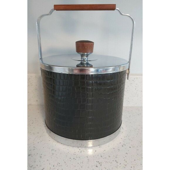 Vintage Atapco Ice Bucket MCM Black and Chrome Faux Alligator Skin Wrap - Picture 1 of 6